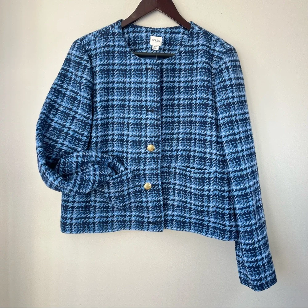NWT J.Crew Womans 14 Baltic Blue Check Lady Jacket Crop Tweed Blazer Wool Blend